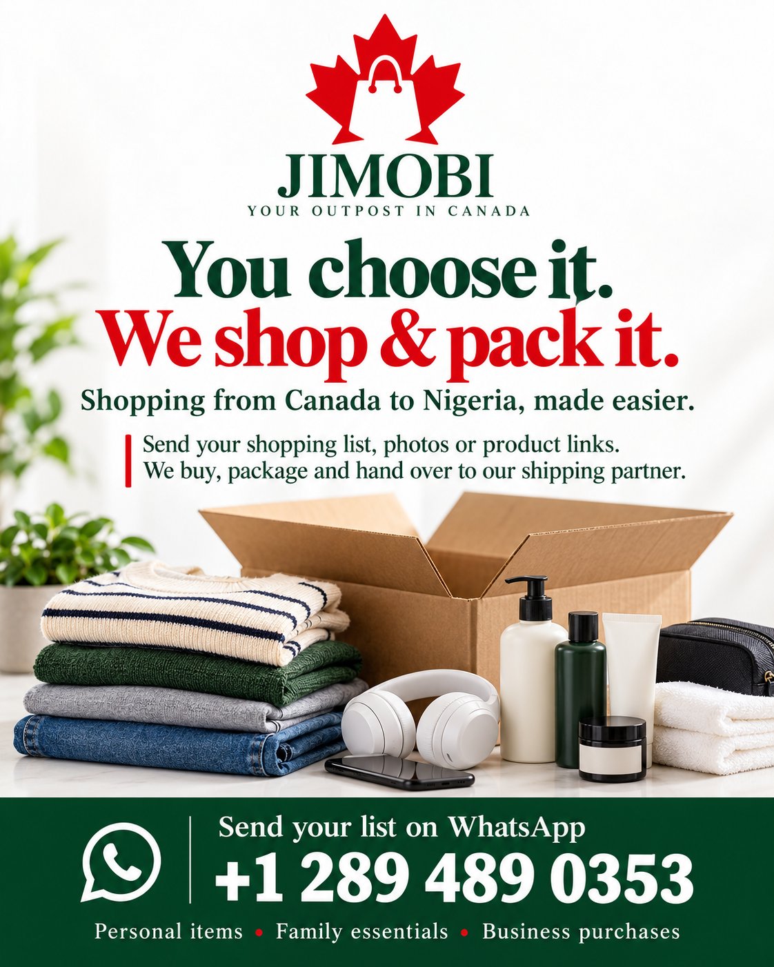 Jimobi launch flyer: you choose it, we shop and pack it